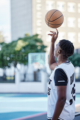 Buy stock photo Basketball sports black man at basketball court to train and play with ball for match or game competition. Healthy young man, person or athlete exercise at fitness and workout outdoor training court