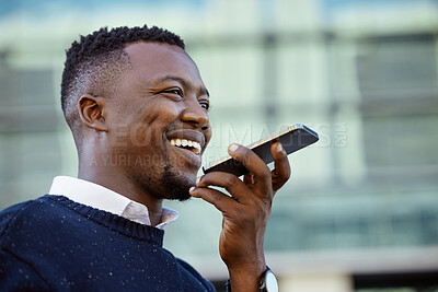 Buy stock photo Digital contact communication, phone voice recording message or phone call. Happy African businessman audio memo, speaking online technology and virtual assistant note with city bokeh background.