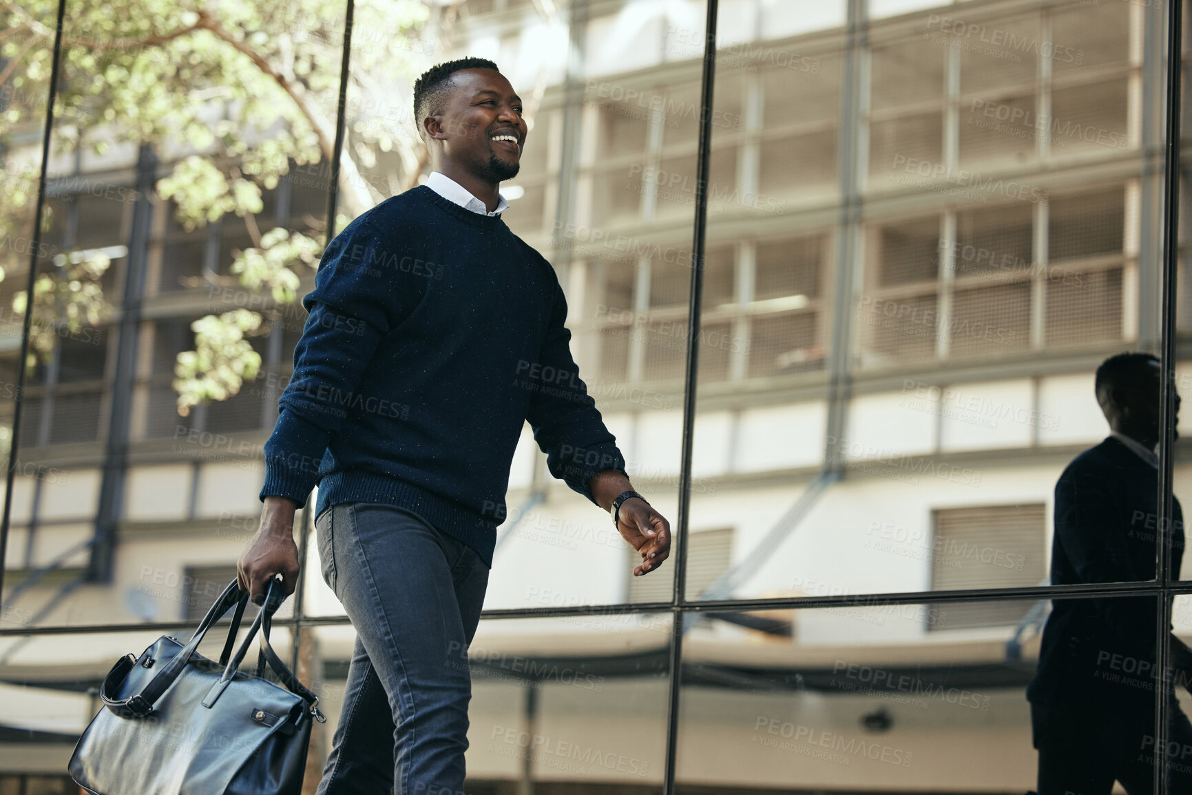 Buy stock photo Fashion, travel and corporate employee or businessman traveling and walking out of a building or airport in a city. African American worker or traveler in an urban town with good style going to hotel