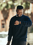 Business man, park and watch timer for return commute to office. Happy corporate employee checking time outside in the city. Smiling working person outdoors with isolated background in town