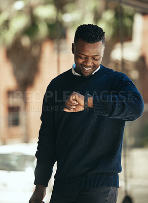 Buy stock photo Business man, park and watch timer for return commute to office. Happy corporate employee checking time outside in the city. Smiling working person outdoors with isolated background in town