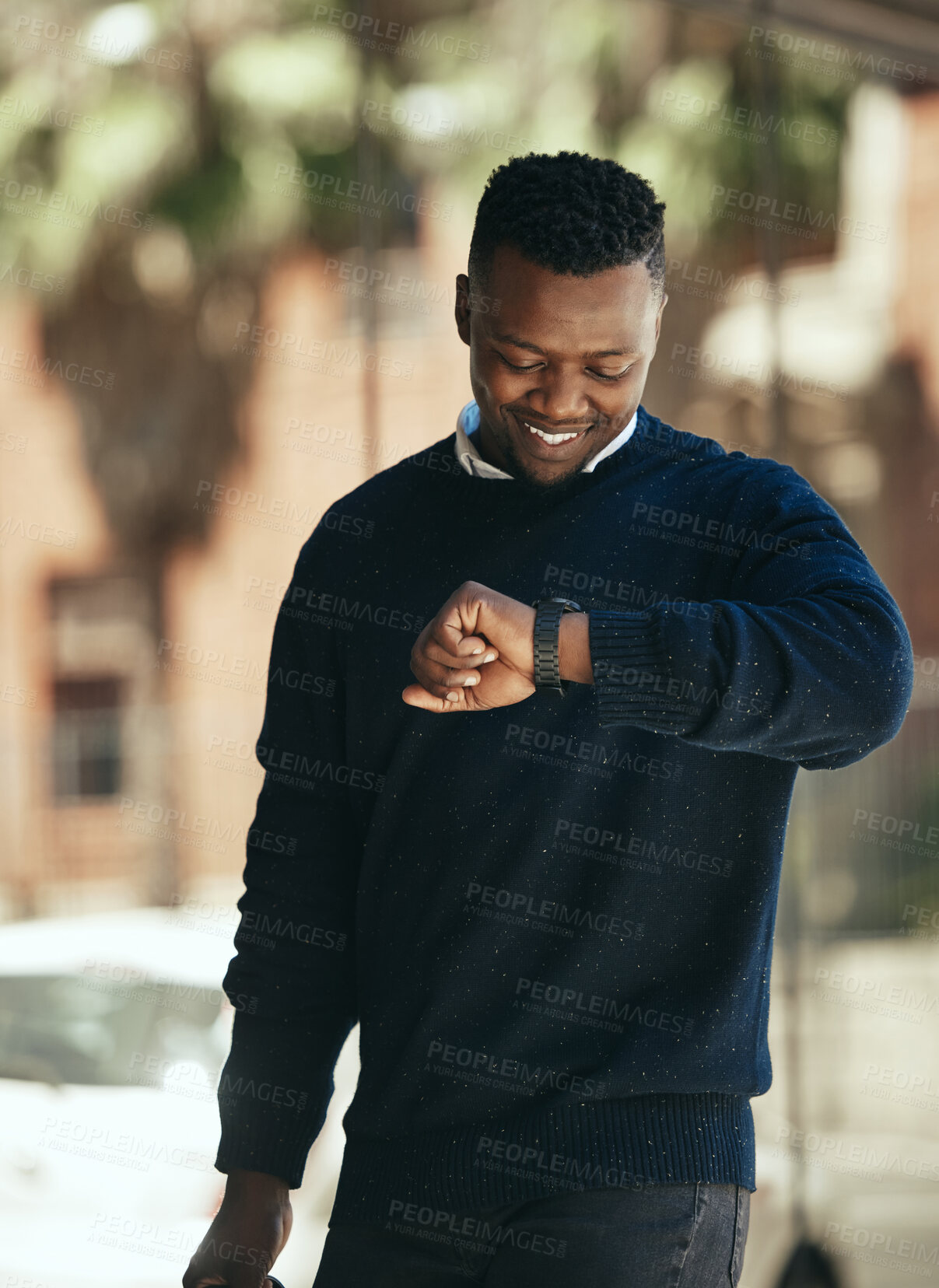 Buy stock photo Business man, park and watch timer for return commute to office. Happy corporate employee checking time outside in the city. Smiling working person outdoors with isolated background in town