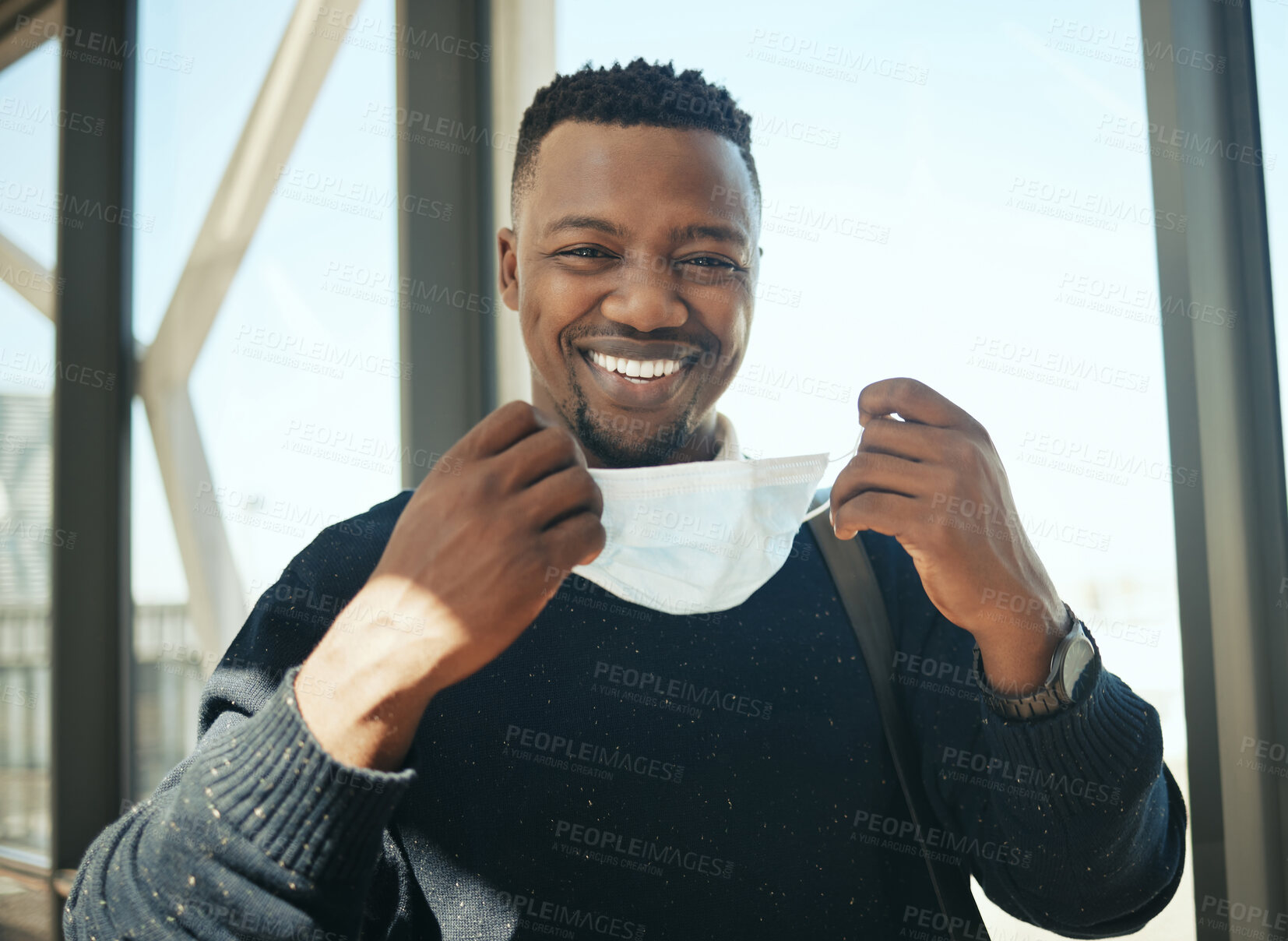 Buy stock photo Business man with covid mask at airport, doing travel for corporate work and working on trip. Portrait of African businessman protect from virus risk, and happy about end of pandemic while traveling