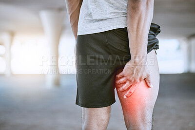 Buy stock photo Sports man, runner and thigh injury to hamstring muscle for fitness, wellness and health person. Running, workout and exercise expert suffer medical leg pain after high performance training in city