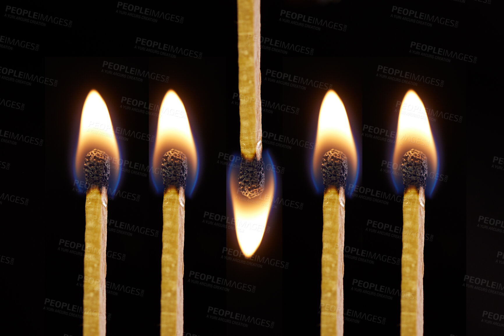 Buy stock photo Fire and flame burning on matches sticks as light in the dark against black studio background. Closeup detail of a row of five bright art or artistic matchsticks with flames lit for heat