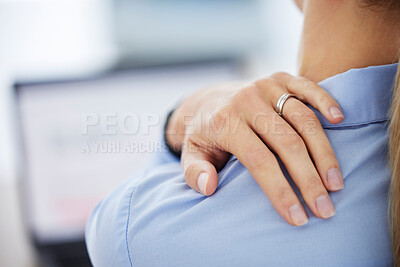 Buy stock photo Business woman hand, shoulder pain and stress injury from muscle burnout, anxiety and working depression in office. Zoom on overworked creative management, designer and leadership with laptop problem