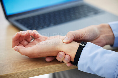 Buy stock photo Woman hands check wrist pulse for blood pressure at desk as healthcare healing and compliance stress test for medical problem. Corporate sick person with high blood pressure
checking heartbeat