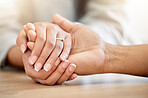 Married couple hands for loving trust and empathy or support. Husband being understanding for wife infertility show love, help or hope. Man feeling compassion, kindness and affection for partner.