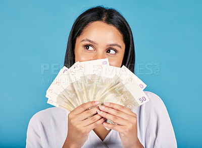 Buy stock photo Money investment, finance and bank notes with after cash savings, budget and winning the lottery. Excited or happy woman, financial advisor or accountant with vision, loan or future money growth goal