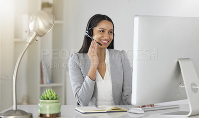 Buy stock photo Customer service, consultant and contact support by call center agent talking to a customer on video call. Happy employee enjoying online customer care while working on guidance and advice in office