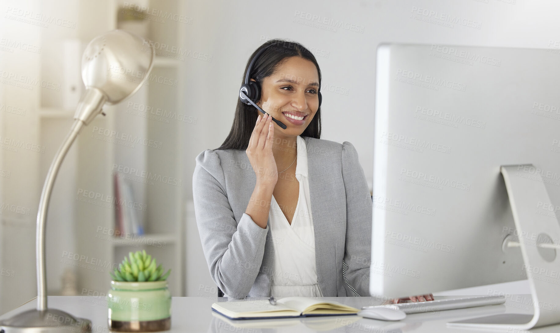 Buy stock photo Customer service, consultant and contact support by call center agent talking to a customer on video call. Happy employee enjoying online customer care while working on guidance and advice in office