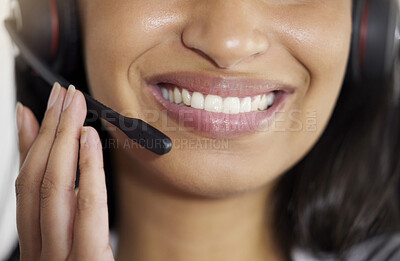 Buy stock photo Call center agent, telemarketing or sales worker with headset for excellent customer service. Closeup smile of a customer support employee or female in ecommerce, for contact us website background