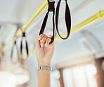 Public transport hands, safety handle and railing loop on bus, train and urban metro subway. Closeup woman traveler grab handrail support, handle and transportation ring in crowded cabin for journey