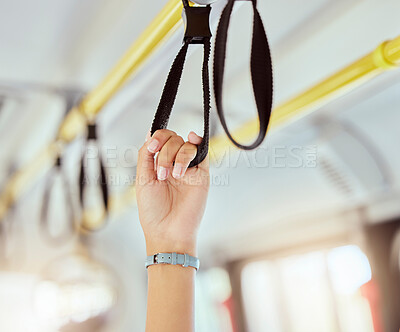 Buy stock photo Public transport hands, safety handle and railing loop on bus, train and urban metro subway. Closeup woman traveler grab handrail support, handle and transportation ring in crowded cabin for journey