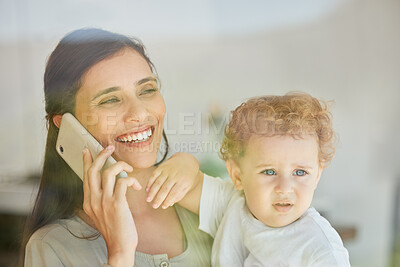 Buy stock photo Mom, phone call or bond with boy in house lockdown, family communication or social contact networking in home quarantine. Happy smile or excited mother with baby son, child or kid on mobile in Turkey