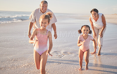 Buy stock photo Beach, girl children and grandparents running on sand ocean in summer for healthy body, outdoor wellness and growth development. Happy family with love, support and care for kids having fun in sea