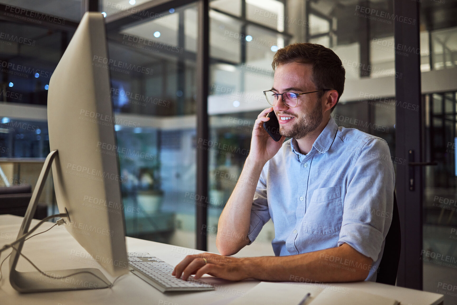 Buy stock photo Phone call, night office and computer businessman talking, communication and discussion for networking, planning deal and vision. Male employee mobile conversation, desktop and ideas in dark company