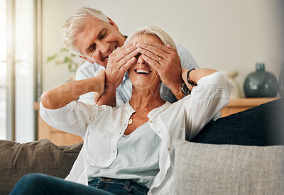 Buy stock photo Love, retirement couple and man with cover over eyes of excited and smiling wife to surprise her. Happy, married and joyful senior people in Canada enjoy playful relationship together in house.

