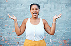 Happy black woman, wow surprise and excited hands gesture with shocked smile for discount deal in Chicago city. Raise arms celebration, young success portrait on urban wall background for marketing