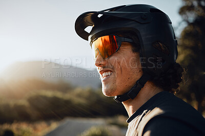 Buy stock photo Mountain biking, glasses and helmet for man on adventure in nature for sports in summer. Face of a professional biker happy in the mountains for sports training, triathlon exercise and race on road