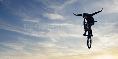 Buy stock photo Mountain bike man, sky jump and energy of action, freedom and competition silhouette, shadow and mockup. Professional cycling athlete in air, danger performance and bicycle risk on background clouds
