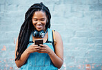 Black woman with 5g smartphone for social media typing, digital chat app or check location on blue wall background space mockup. Teenager gen z girl on cellphone for youth online website networking