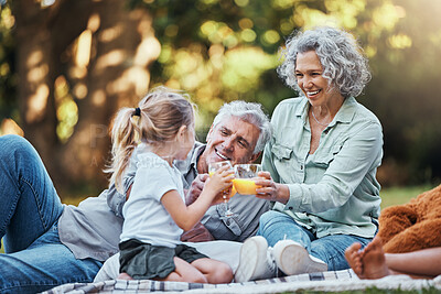 Buy stock photo Juice, vitamin c and family picnic with child and grandparents for healthy growth development, outdoor wellness lifestyle. Senior grandmother, elderly people and girl with orange drink in bokeh park