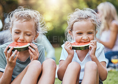 Buy stock photo Happy, picnic and watermelon with children in park with family for summer, wellness and relax. Health, nature and spring with kids eating fruit in countryside field for peace, friends and food