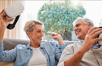 Buy stock photo VR, 3d gaming and senior couple talking about technology on the living room sofa in house. Happy elderly man and woman with smile for digital game on metaverse tech during retirement in their home