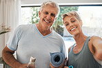 Senior couple, selfie or yoga fitness in house or home living room for relax workout, training or exercise in lockdown. Portrait, smile or happy pov of retirement man and wellness woman in photograph