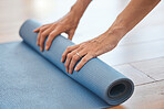 Hands, floor and yoga mat in relax fitness, workout and training in pilates, zen and peace studio. Zoom, woman and yogi ready for wellness meditation, holistic body exercise and chakra energy balance