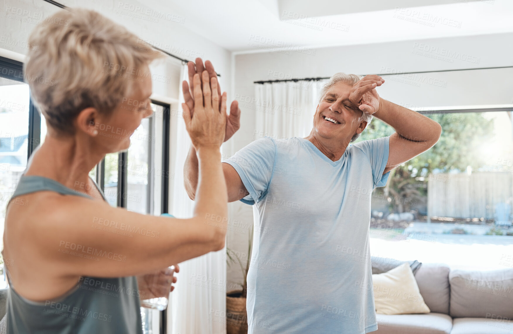 Buy stock photo High five, fitness success and senior couple after home workout, exercise and training in house lockdown. Smile, happy or health motivation retirement elderly woman or tired woman sweating in pilates