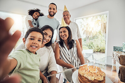 Buy stock photo Happy birthday cake, selfie and big family celebration in home with portrait smile for memory or social media post. Puerto Rico people and children at grandparents retirement party with house dessert