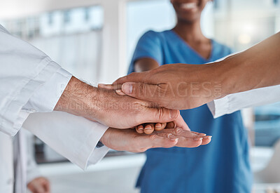 Buy stock photo Medical motivation, doctor success and hands of team of hospital workers stacked for healthcare. Medicine teamwork with trust, support and solidarity while working at a professional clinic together