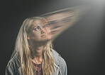 Overlay, anxiety or bipolar woman thinking in double exposure in dark studio for psychology or mental health. Angry, schizophrenia or depressed frustrated girl with depression, fear and trauma mockup