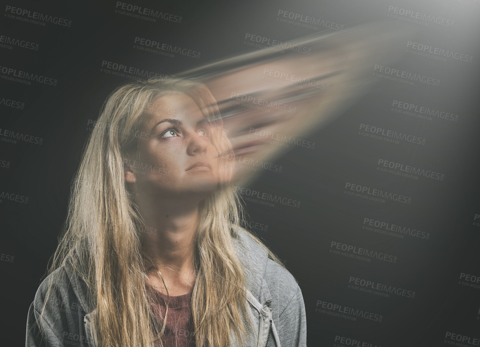 Buy stock photo Mental health, anxiety or bipolar woman thinking in double exposure in dark studio for psychology or trauma. Schizophrenia or depressed frustrated girl with depression, fear and paranoid mockup