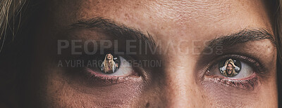 Buy stock photo Mental health woman sad eyes closeup of anxiety, depression and crying for help from stress, anger and worry. Frustrated, mad and angry depressed girl tired and suffering from pain and crazy problems