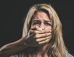 Woman, domestic violence and depression with hand on mouth for silence, gender abuse and sad in relationship. Model, distress and face cover by hand show inequality, anxiety and women fear of man