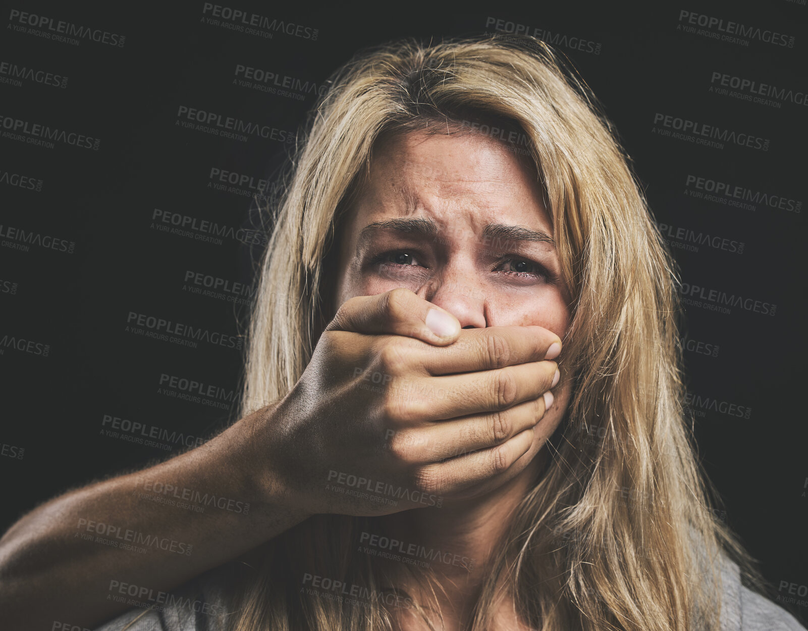 Buy stock photo Woman, domestic violence and depression with hand on mouth for silence, gender abuse and sad in relationship. Model, distress and face cover by hand show inequality, anxiety and women fear