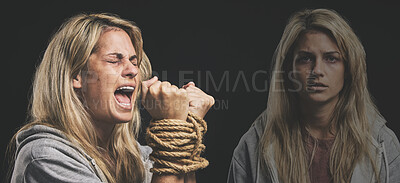 Buy stock photo Horror, scared and woman hands in rope crying with double exposure for bipolar, psychology mindset and depression. Violence, mental health and fear of bipolar girl sad, anxiety and shout for help