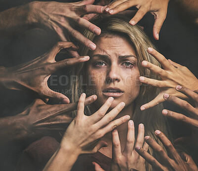 Buy stock photo Hands, fear and sad woman with abuse, violence and crying with mental health, scared and anxiety. Portrait of woman with pain, rape and depression of toxic relationship, social conflict and depressed