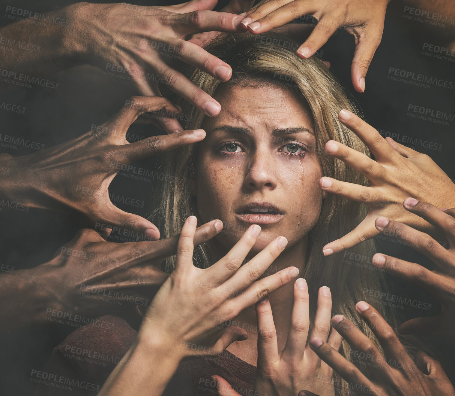 Buy stock photo Hands, fear and sad woman with abuse, violence and crying with mental health, scared and anxiety. Portrait of woman with pain, rape and depression of toxic relationship, social conflict and depressed