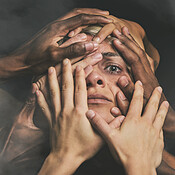 Anxiety, horror and crazy woman with mental health, bipolar and trauma ...