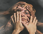 Anxiety, horror and crazy woman with mental health, bipolar and trauma with creepy hands on her face feeling paranoid. Scared, fear and hopeless person with bipolar, schizophrenia and dark thoughts