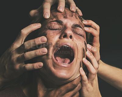 Buy stock photo Face, hands and anxiety schizophrenia woman crying, pain and sad suffering from mental health depression, bipolar and stress. Trauma, problems and depressed girl screaming, scared and shout for help