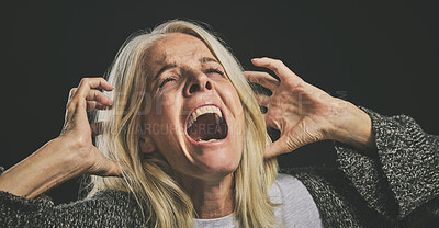 Buy stock photo Screaming senior woman, mental health and depression from bipolar anxiety, stress and scary fear on black background. Schizophrenia, psychology and crazy person shout, drugs problem and epilepsy risk