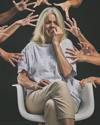 Buy stock photo Hands reaching for scared woman, anxiety and mental health horror, fear and psychology on scary dark background. Crying, sad and depression of bipolar, crazy and insomnia person schizophrenia problem