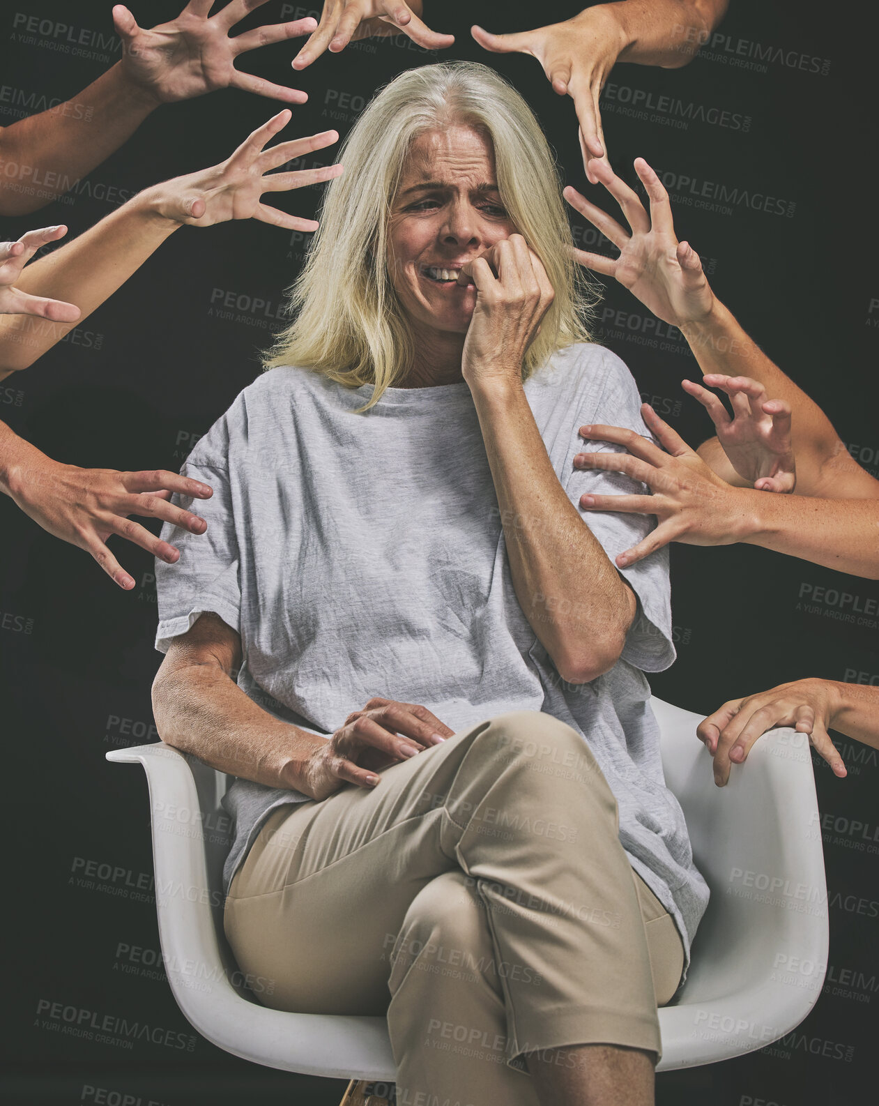 Buy stock photo Hands reaching for scared woman, anxiety and mental health horror, fear and psychology on scary dark background. Crying, sad and depression of bipolar, crazy and insomnia person schizophrenia problem