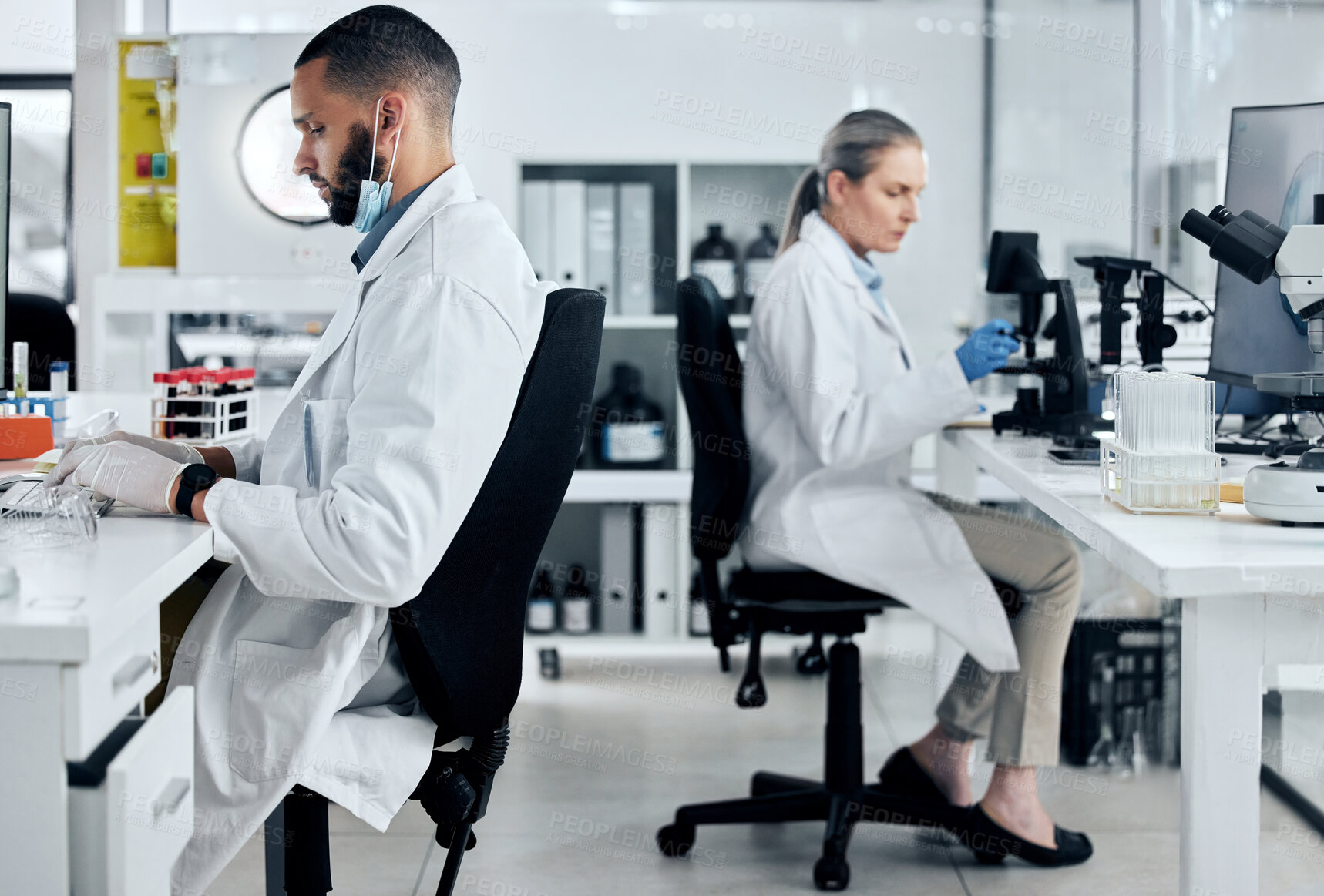 Buy stock photo Science, covid innovation and scientist people working in research biotechnology laboratory. Diversity expert woman and man with corona virus, dna or healthcare project test results and analysis tech