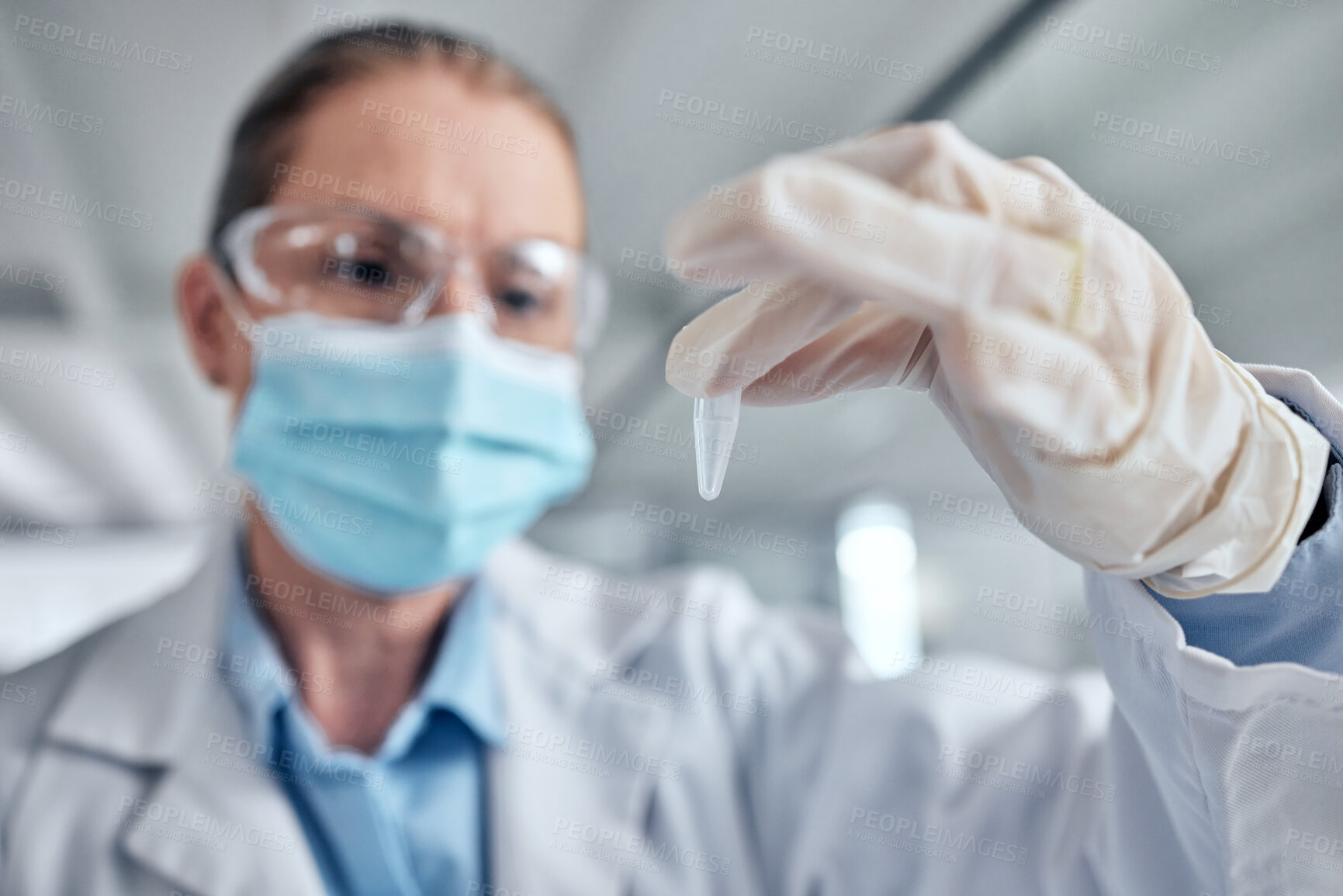 Buy stock photo Doctor research in laboratory, future science test medicine and focus on chemical liquid vaccine. Woman scientist study experiment, medical covid healthcare education and futuristic scifi chemistry